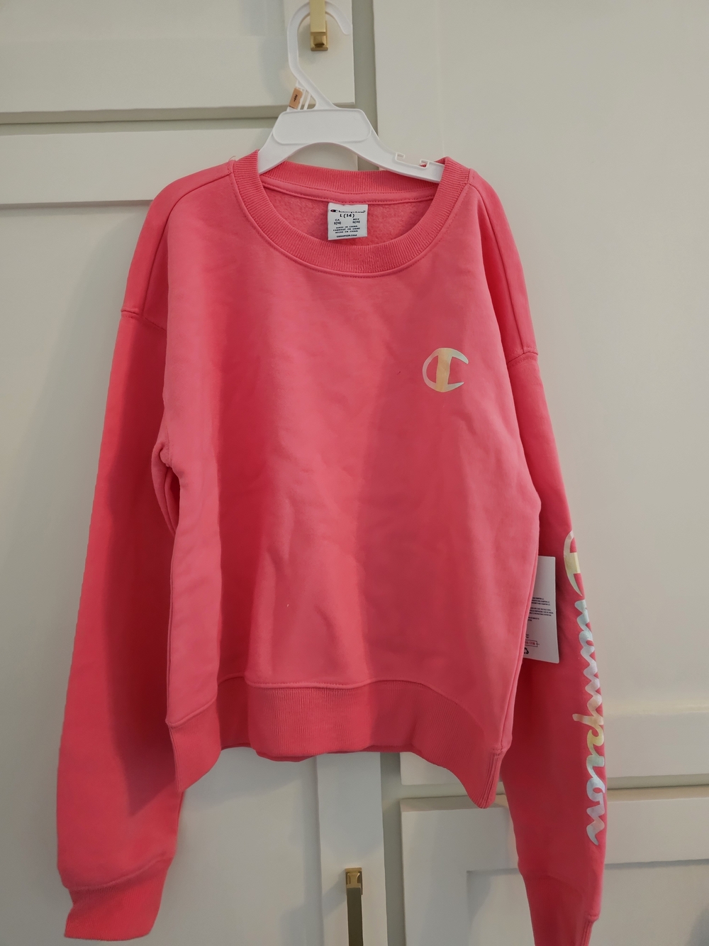 Champion Coral Crewneck Sweatshirt with Sleeve Script